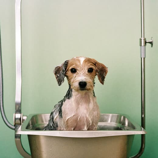 A small damp terrier sitting in a grooming bath